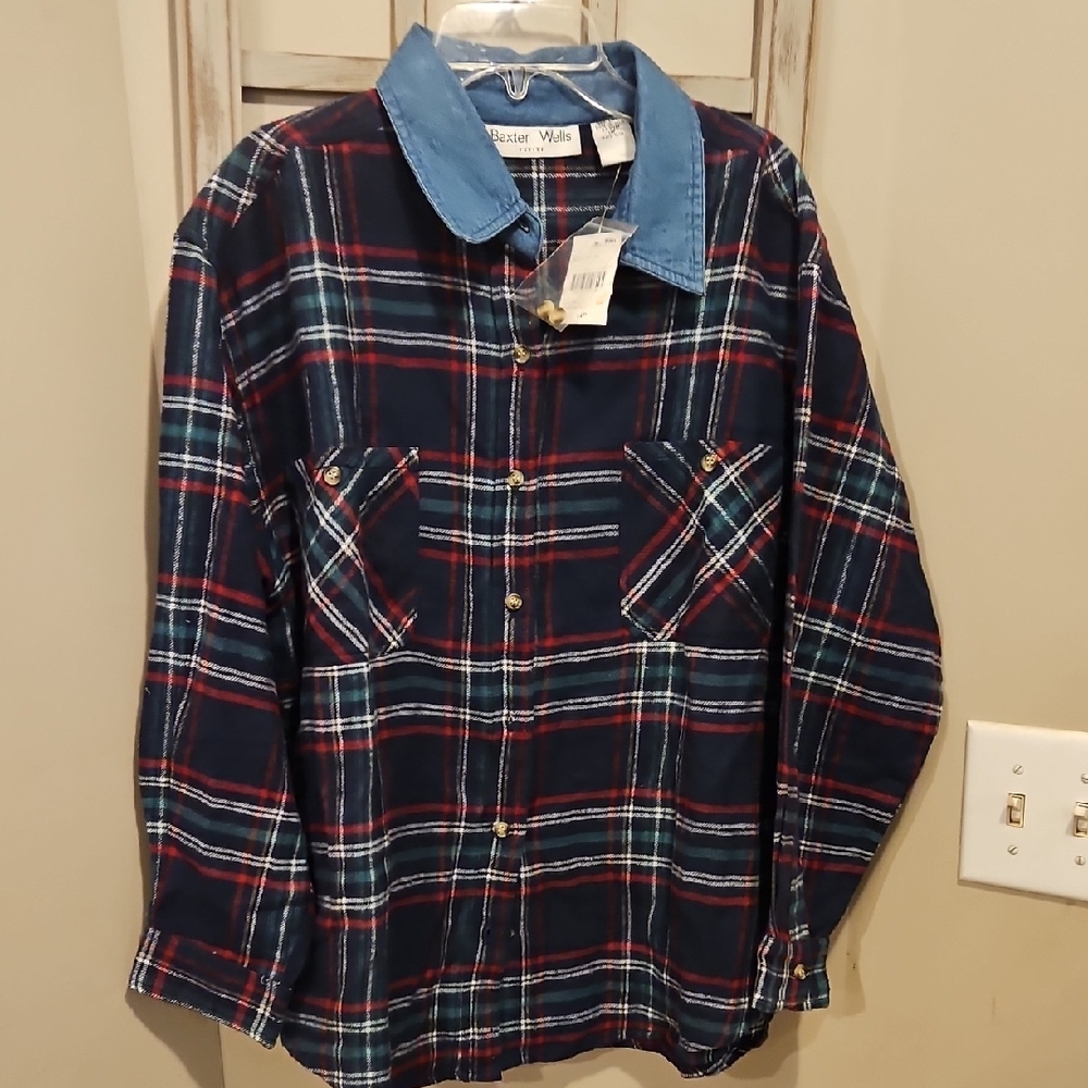 Plaid Button Down Shirt with Denim Collar
